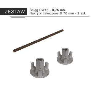Zestaw - ściąg 0,75 mb. i nakrętki talerzowe fi70 mm 2 szt.